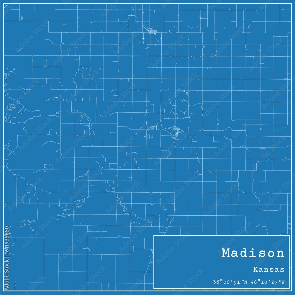 Blueprint US city map of Madison, Kansas.