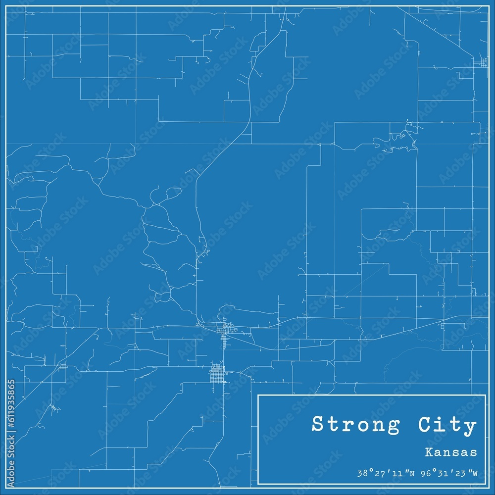 Blueprint US city map of Strong City, Kansas.