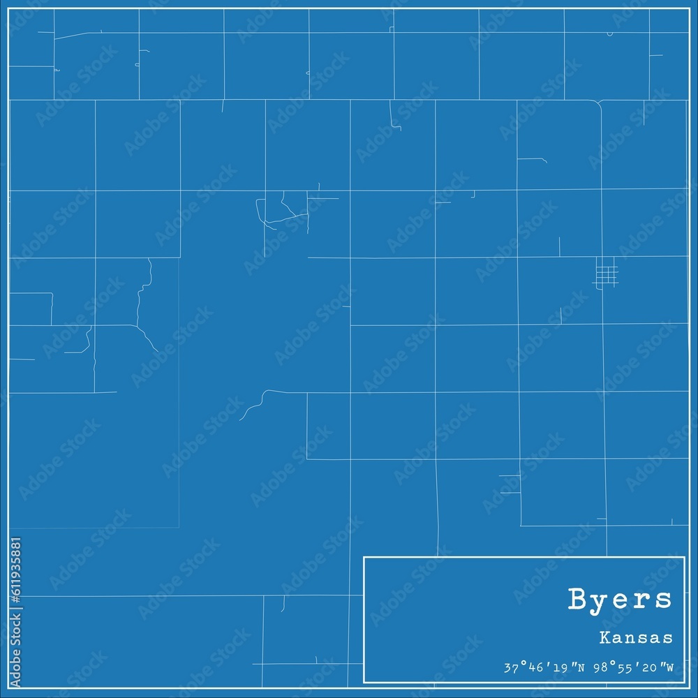 Blueprint US city map of Byers, Kansas.