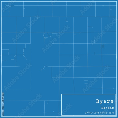 Blueprint US city map of Byers, Kansas.