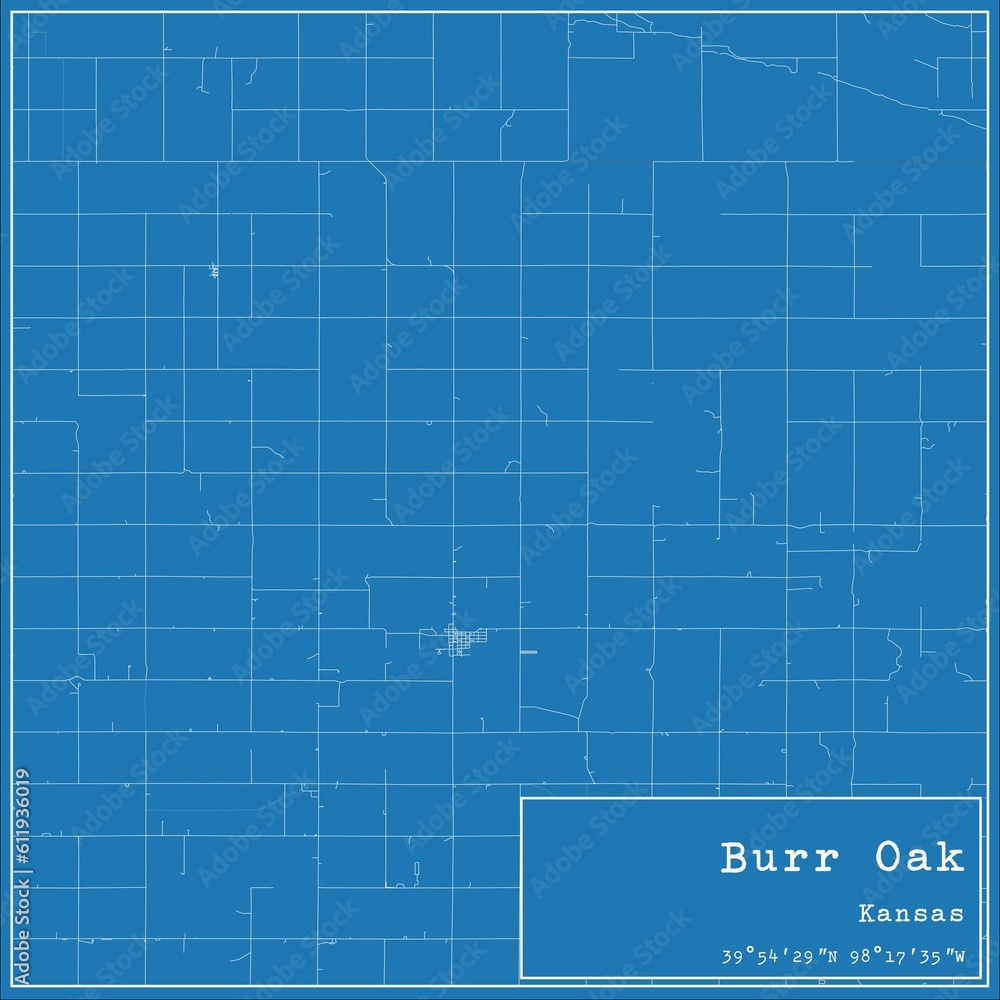 Blueprint US city map of Burr Oak, Kansas.