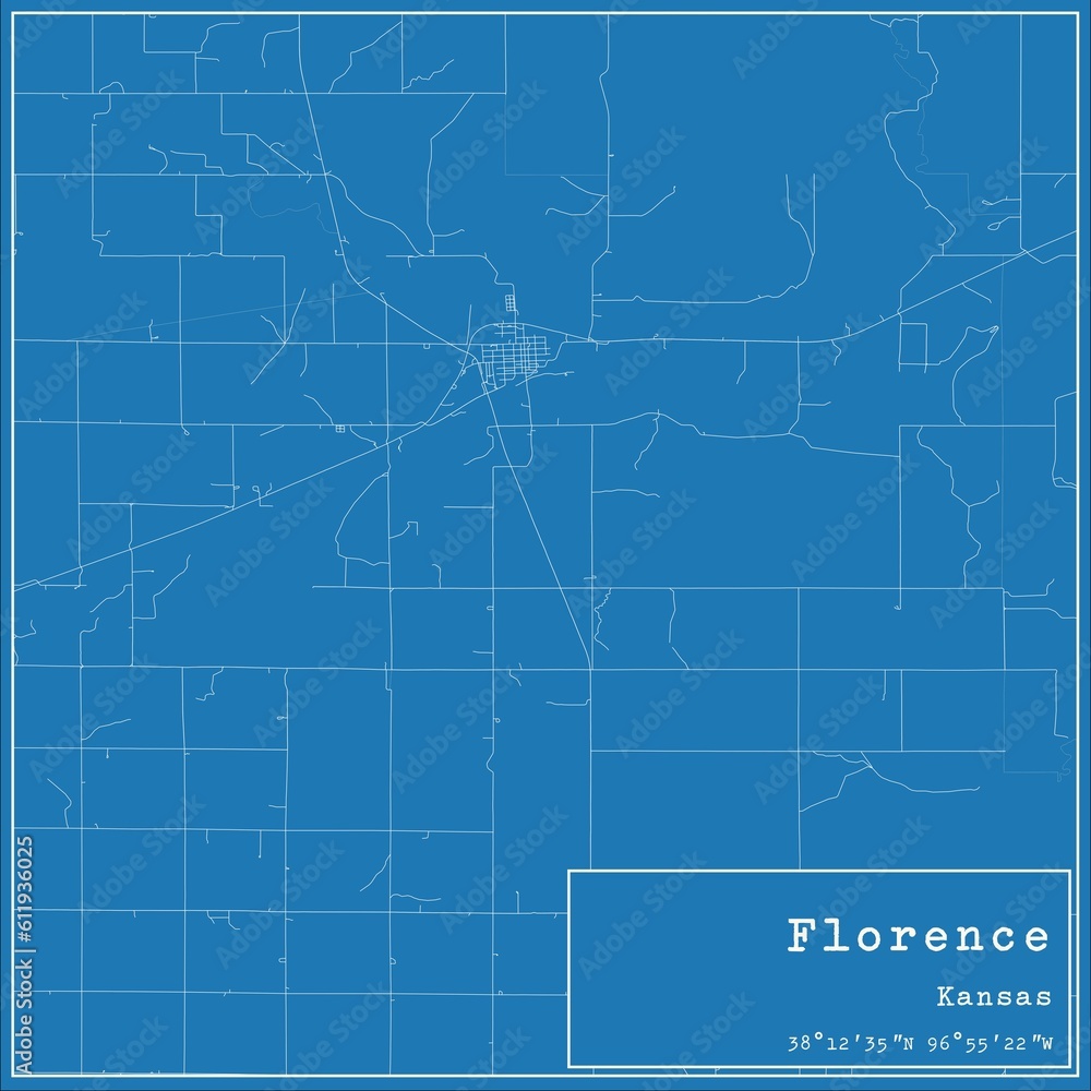 Blueprint US city map of Florence, Kansas.