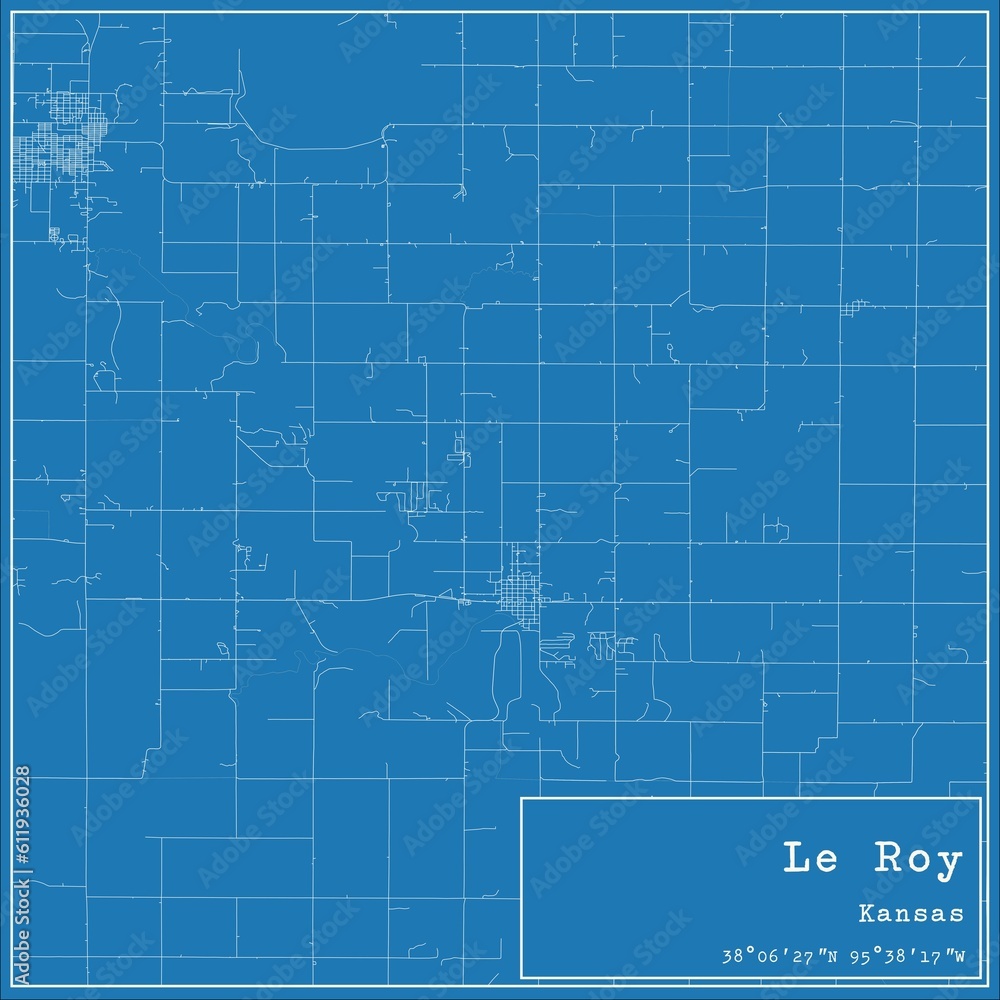Blueprint US city map of Le Roy, Kansas.