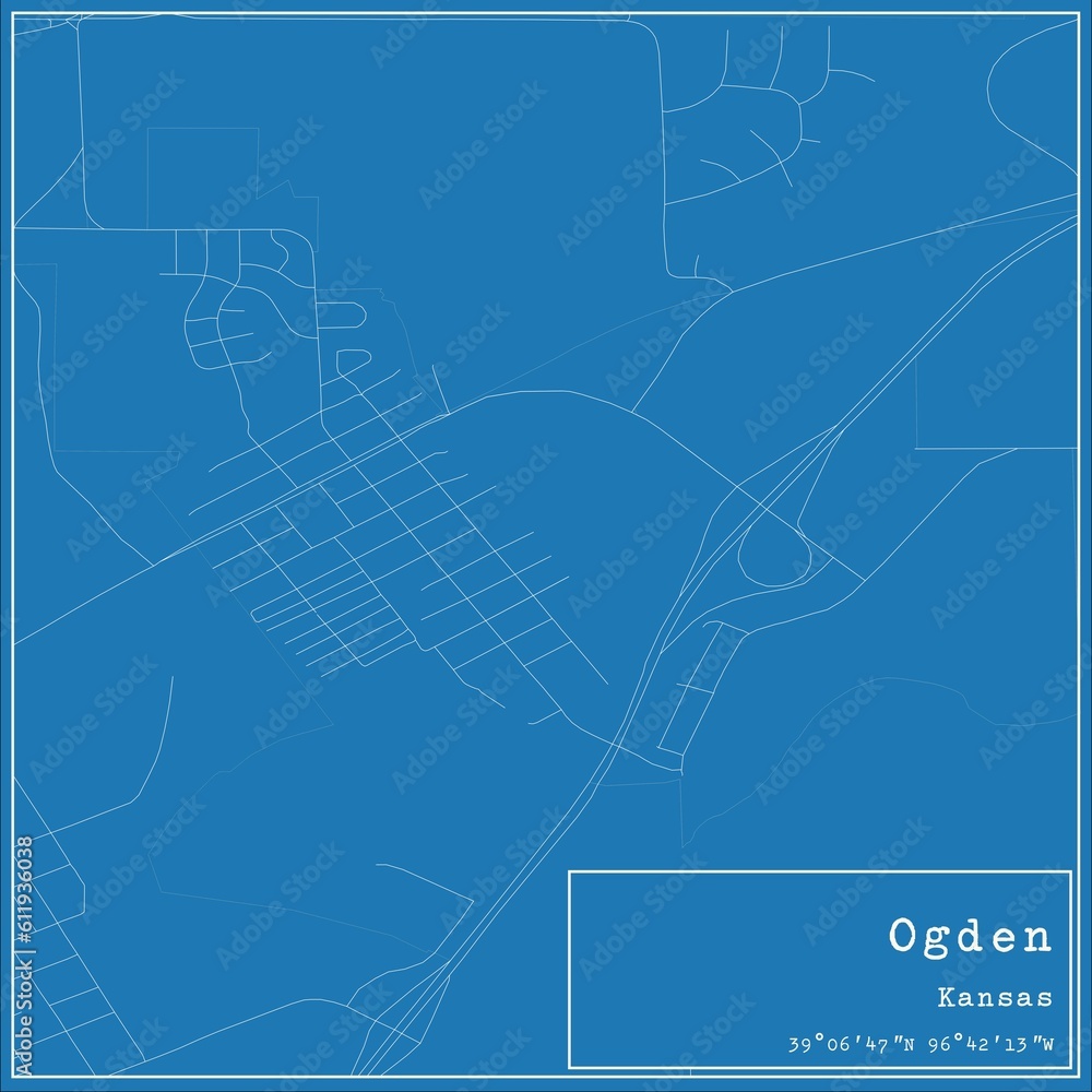 Blueprint US city map of Ogden, Kansas.