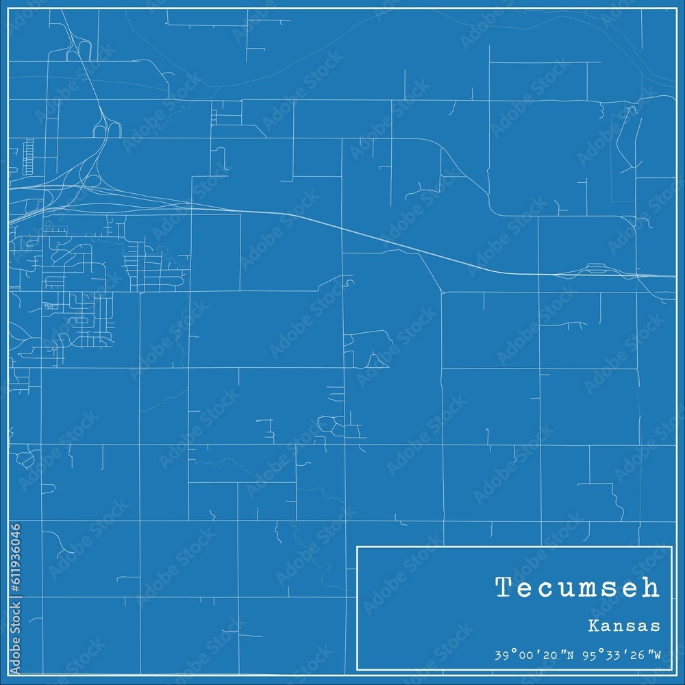 Blueprint US city map of Tecumseh, Kansas.