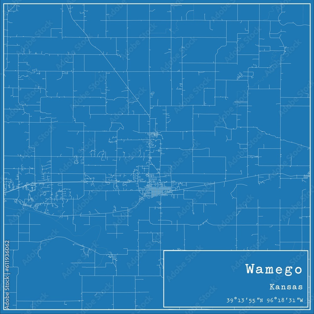 Blueprint US city map of Wamego, Kansas.