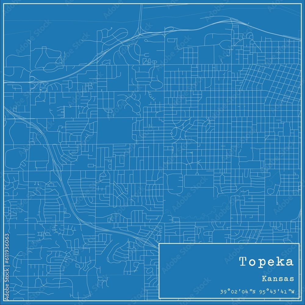 Blueprint US city map of Topeka, Kansas.