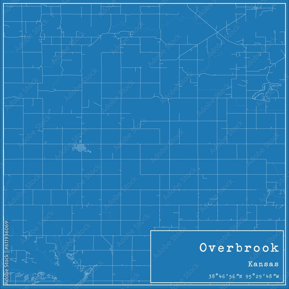 Blueprint US city map of Overbrook, Kansas.