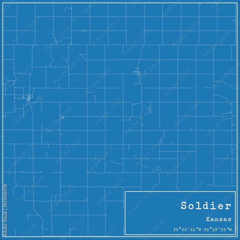Blueprint US city map of Soldier, Kansas.