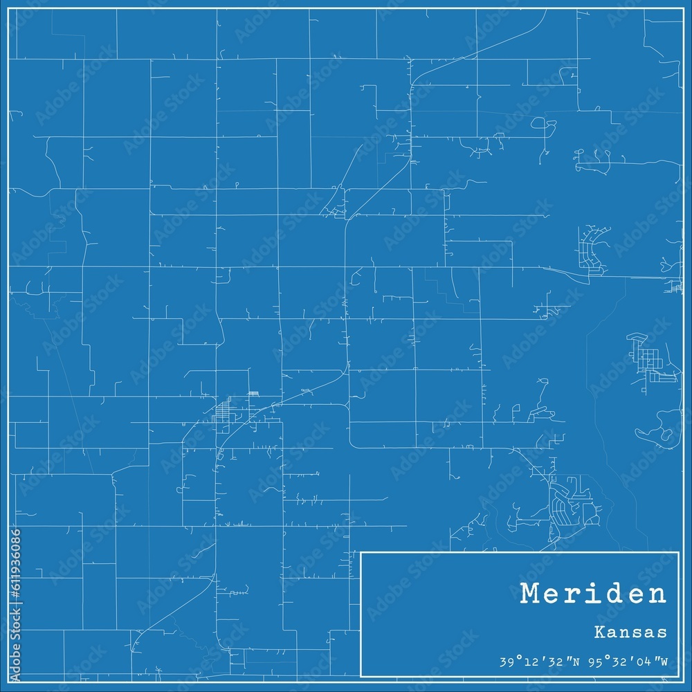 Blueprint US city map of Meriden, Kansas.