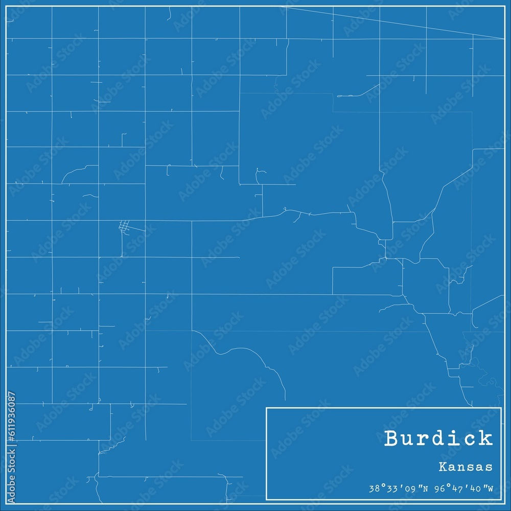 Blueprint US city map of Burdick, Kansas.