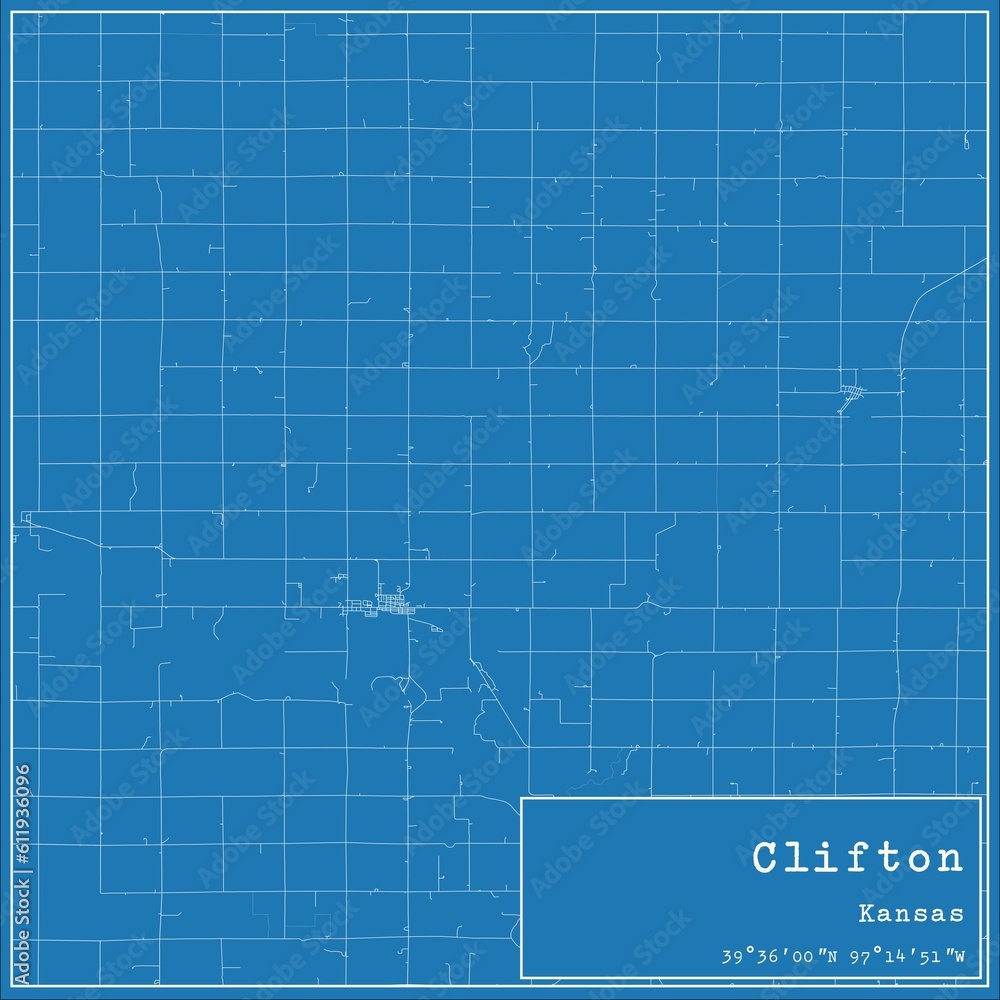 Blueprint US city map of Clifton, Kansas.
