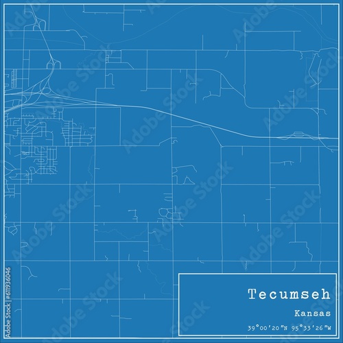 Blueprint US city map of Tecumseh, Kansas.
