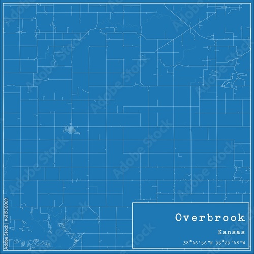 Blueprint US city map of Overbrook  Kansas.