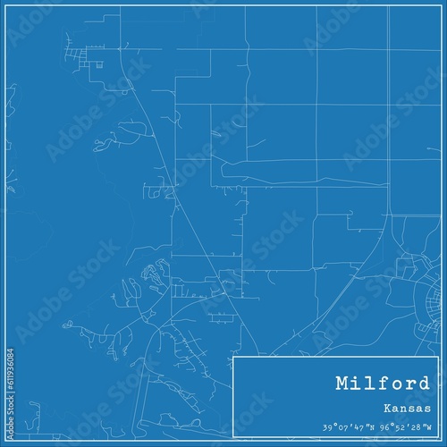 Blueprint US city map of Milford, Kansas.