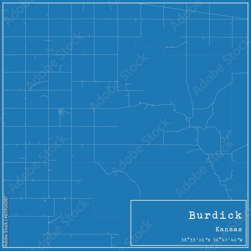 Blueprint US city map of Burdick, Kansas.