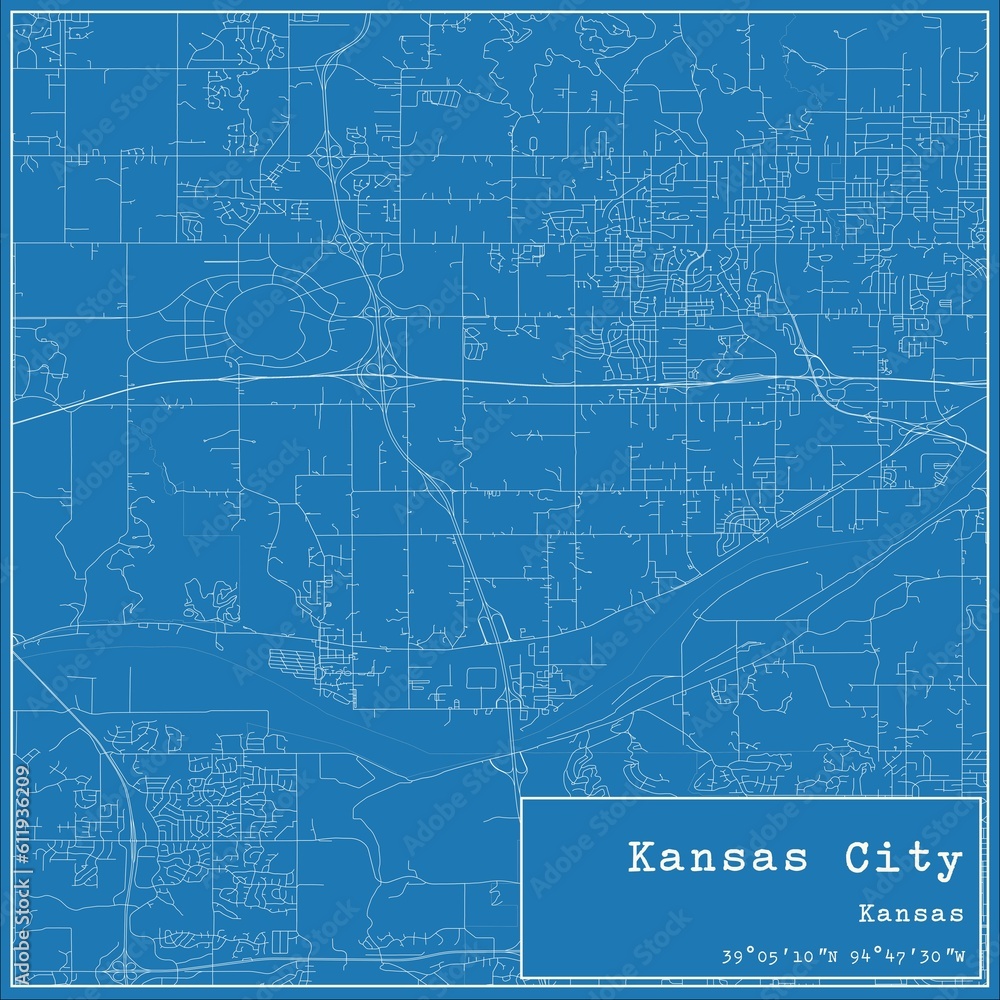 Blueprint US city map of Kansas City, Kansas.
