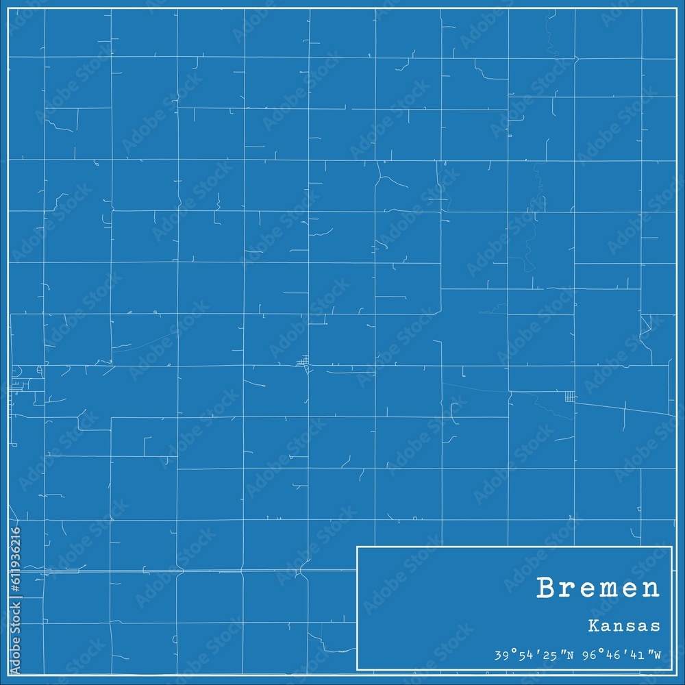 Blueprint US city map of Bremen, Kansas.