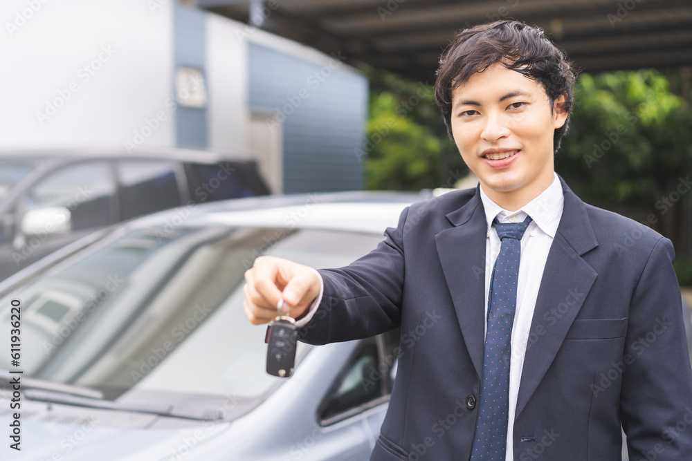Business car rental, sell or buy service, dealership hand of agent dealer, sale man giving auto key of vehicle to customer renter, buyer receiving, client or tenant, transfer automobile. Business car rental, sell or buy service, dealership hand of agent dealer, sale man giving auto key of vehicle to customer renter, buyer receiving, client or tenant, transfer automobile.