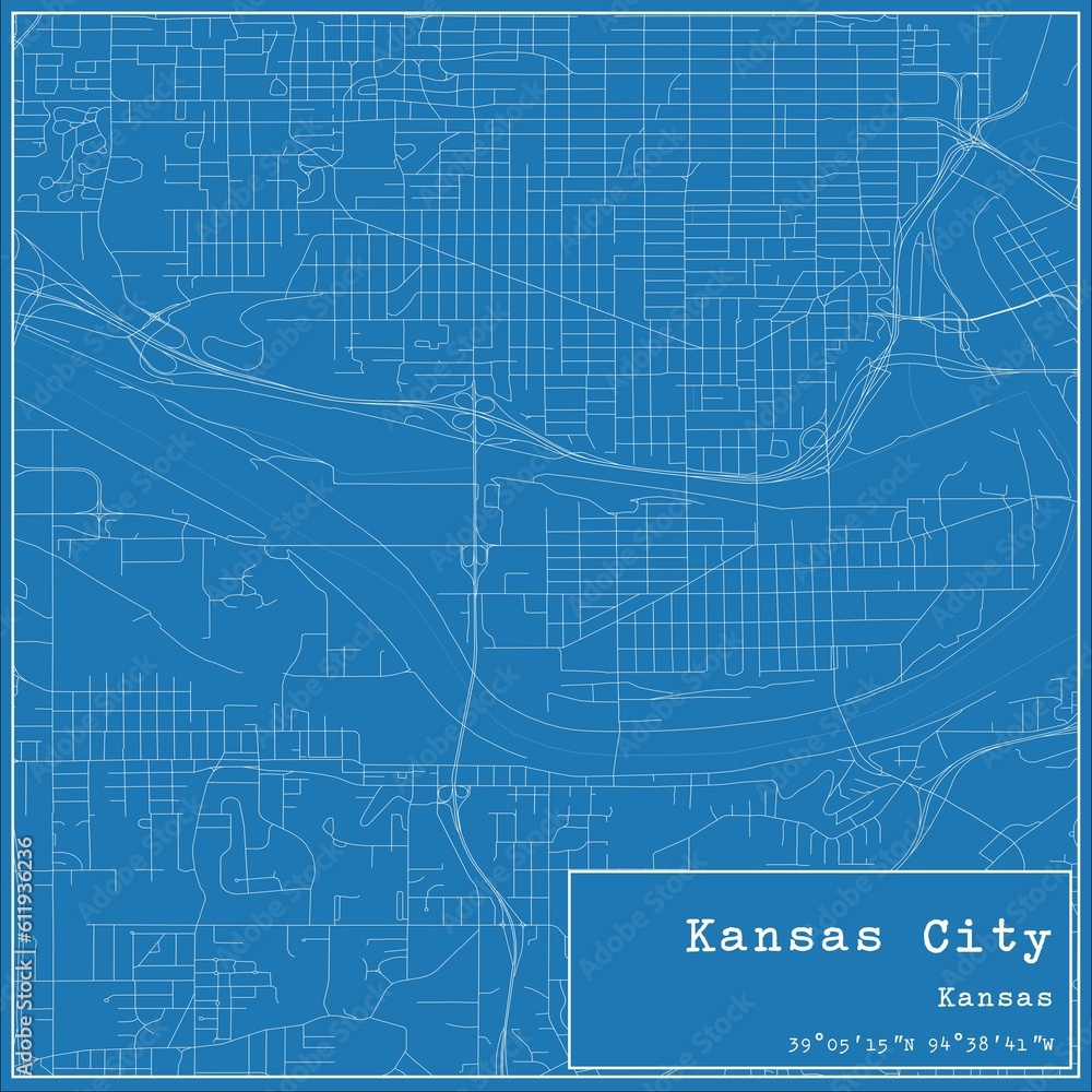 Blueprint US city map of Kansas City, Kansas.