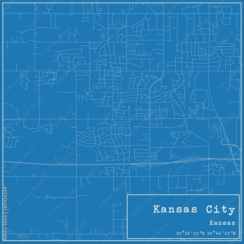 Blueprint US city map of Kansas City, Kansas.