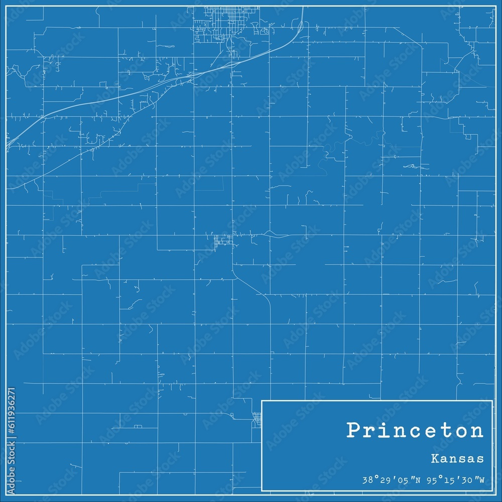 Blueprint US city map of Princeton, Kansas.