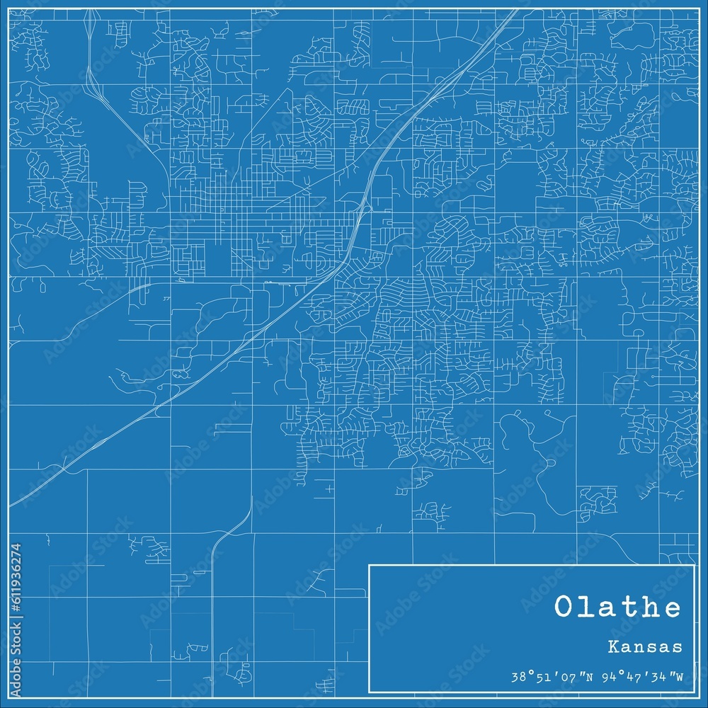 Blueprint US city map of Olathe, Kansas.