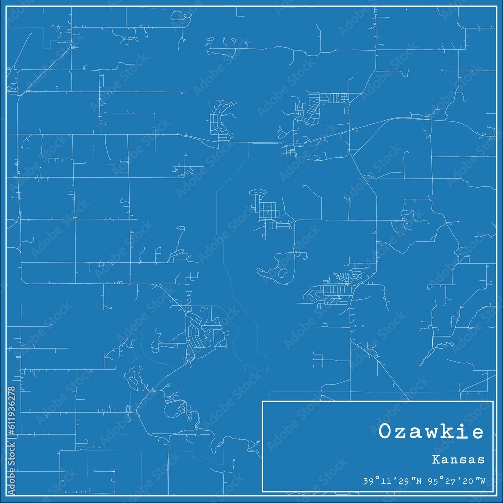 Blueprint US city map of Ozawkie, Kansas.