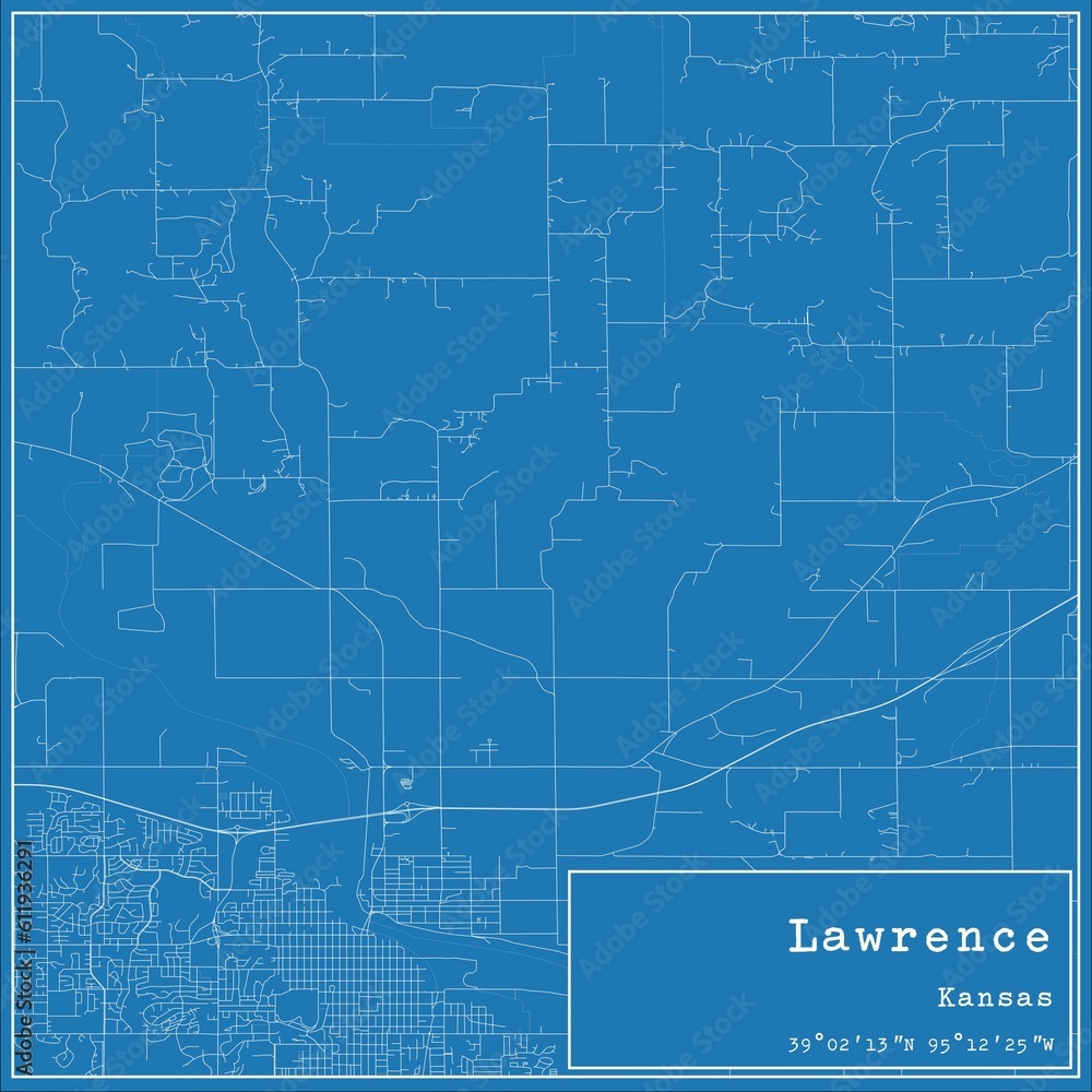 Blueprint US city map of Lawrence, Kansas.