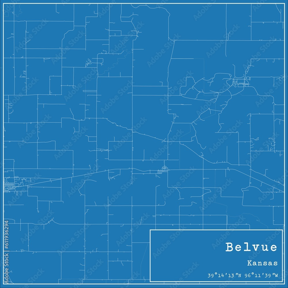 Blueprint US city map of Belvue, Kansas.