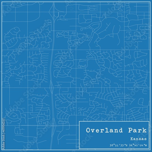 Blueprint US city map of Overland Park, Kansas.