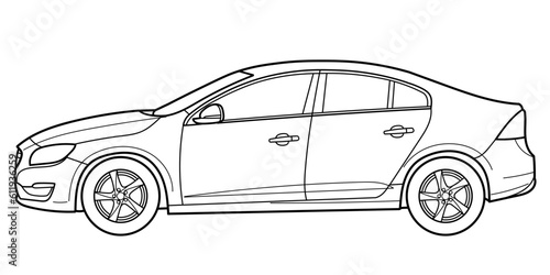 classic sedan car. Different five view shot - front, rear, side and 3d. Outline doodle vector illustration