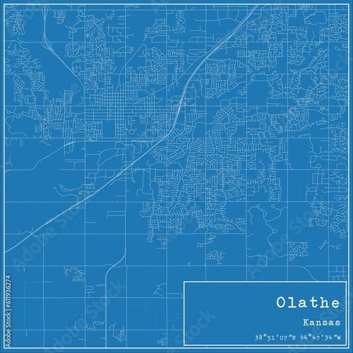 Blueprint US city map of Olathe, Kansas.