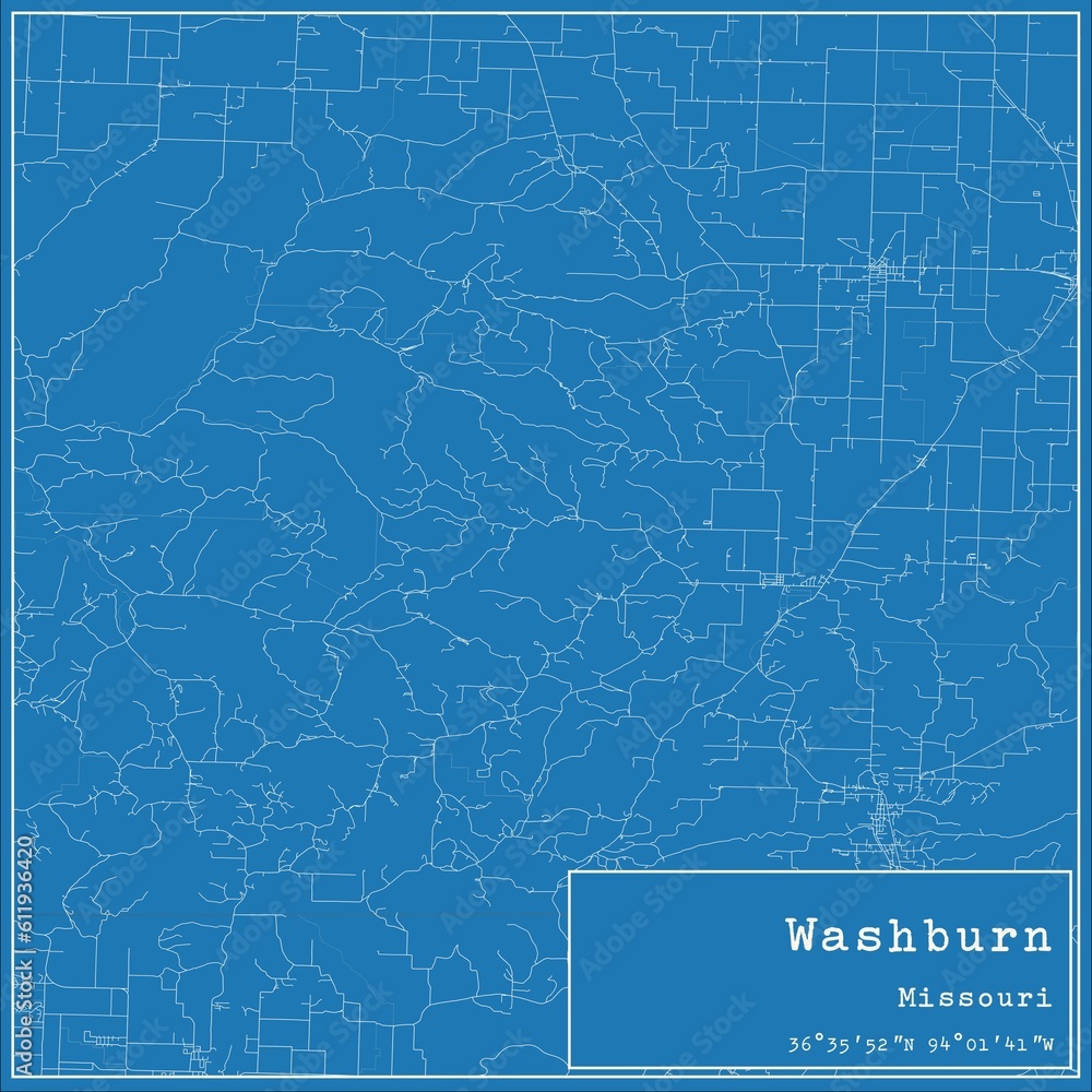 Blueprint US city map of Washburn, Missouri.