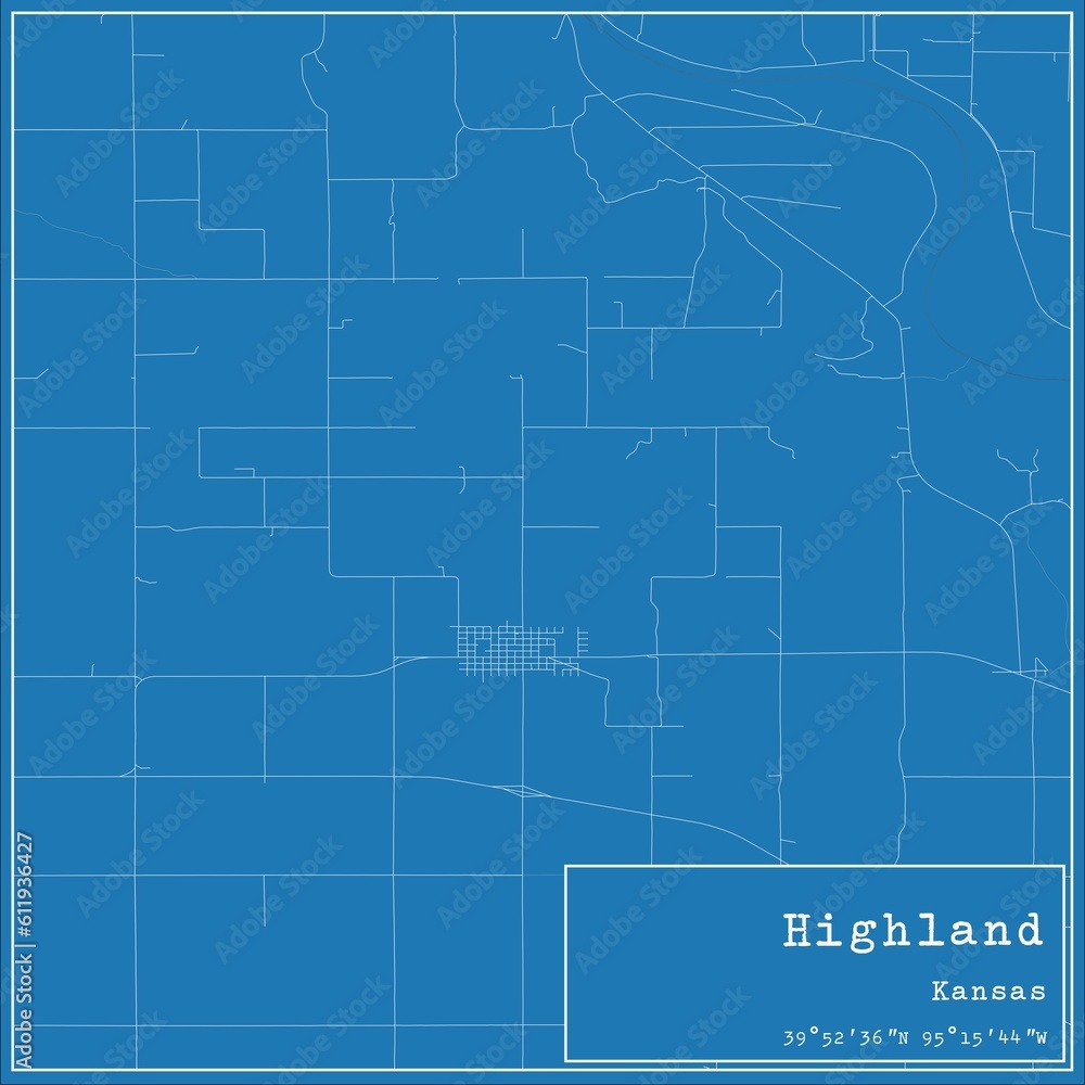 Blueprint US city map of Highland, Kansas. Blueprint US city map of Highland, Kansas.