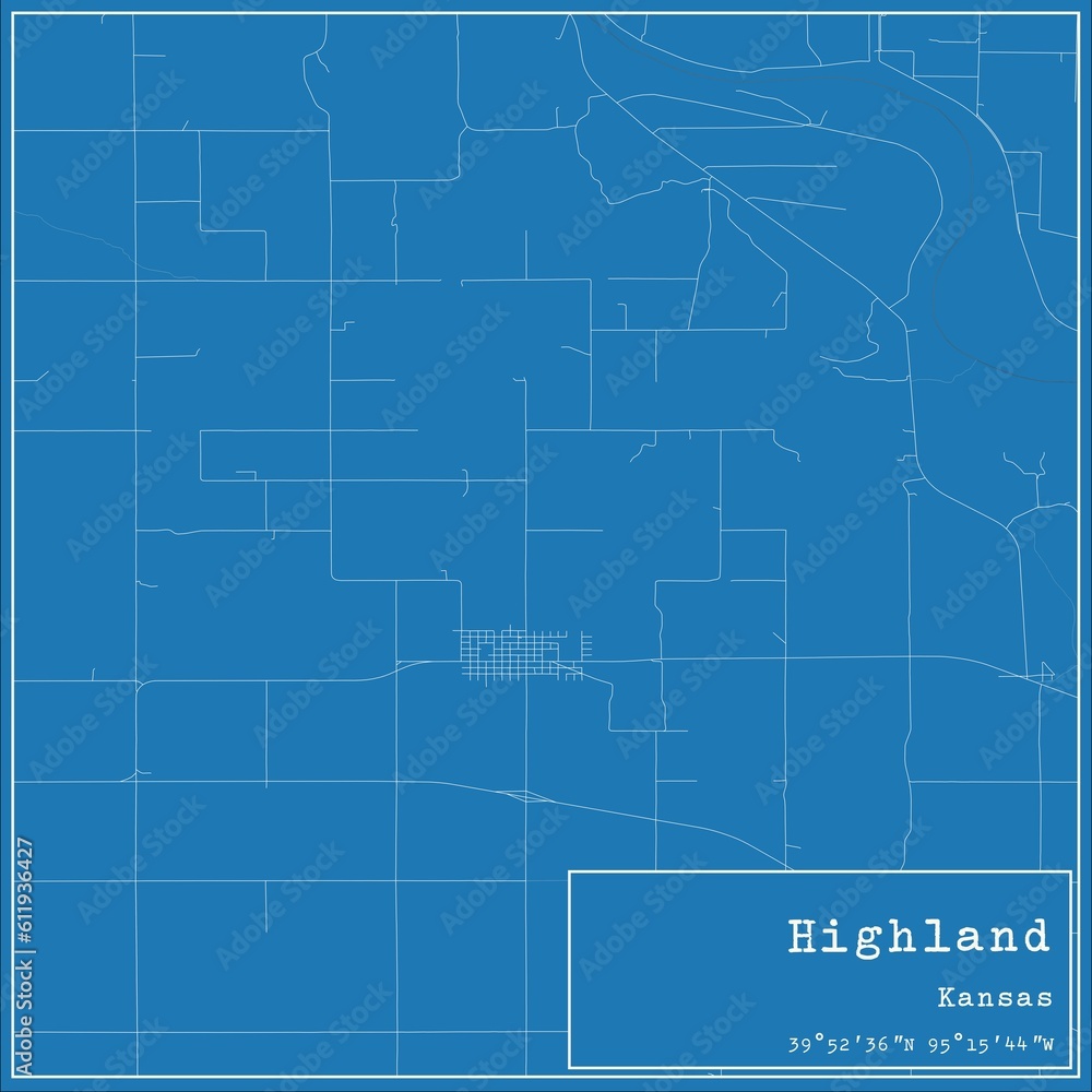 Blueprint US city map of Highland, Kansas.