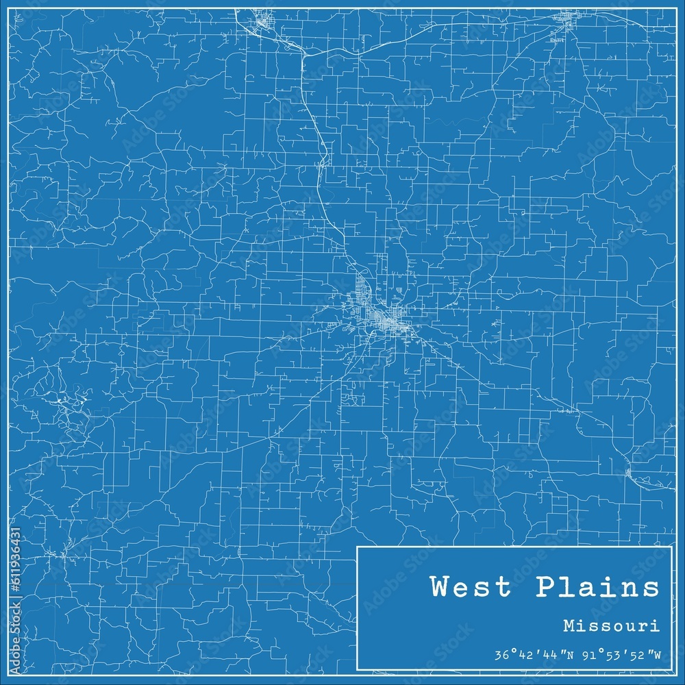 Blueprint US city map of West Plains, Missouri.