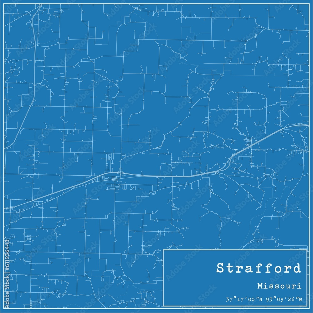 Blueprint US city map of Strafford, Missouri.