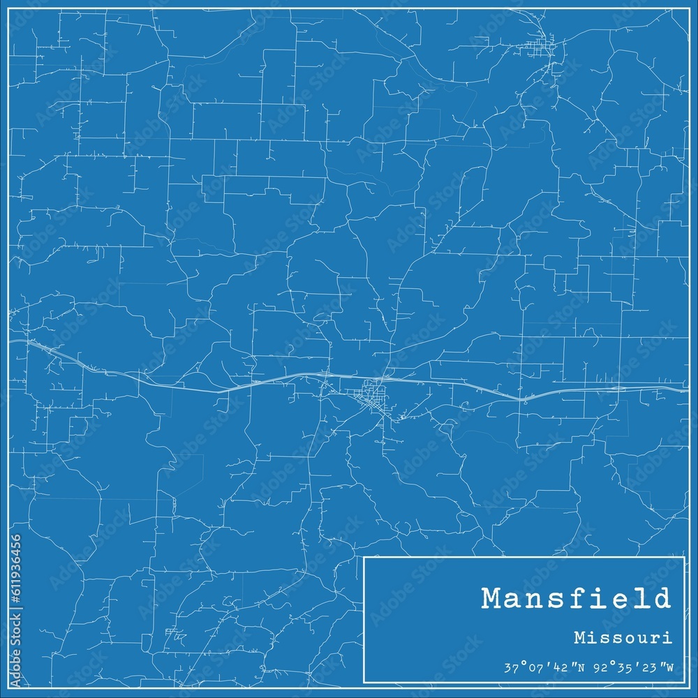 Blueprint US city map of Mansfield, Missouri.