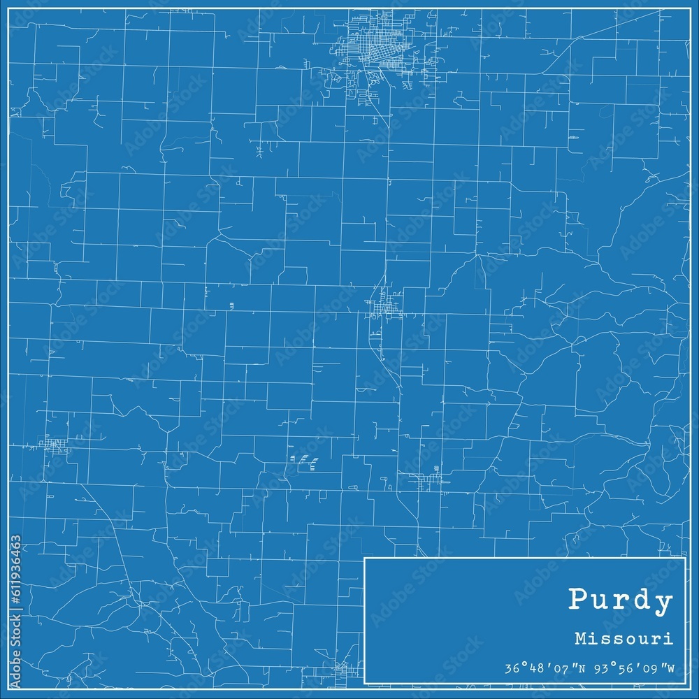 Blueprint US city map of Purdy, Missouri.