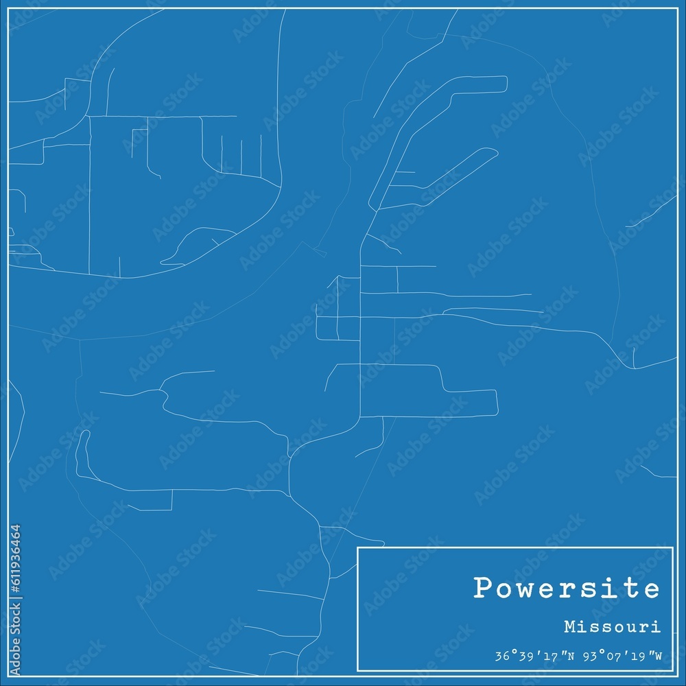 Blueprint US city map of Powersite, Missouri.