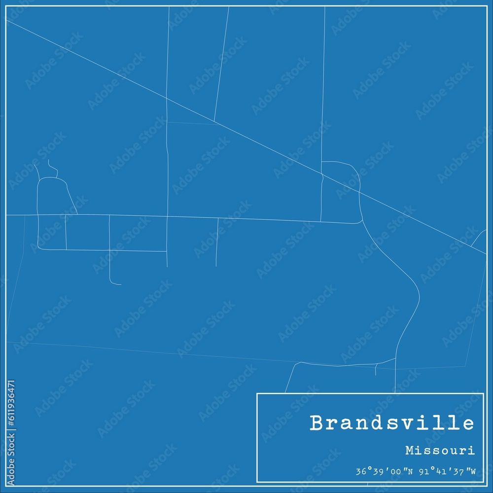 Blueprint US city map of Brandsville, Missouri.