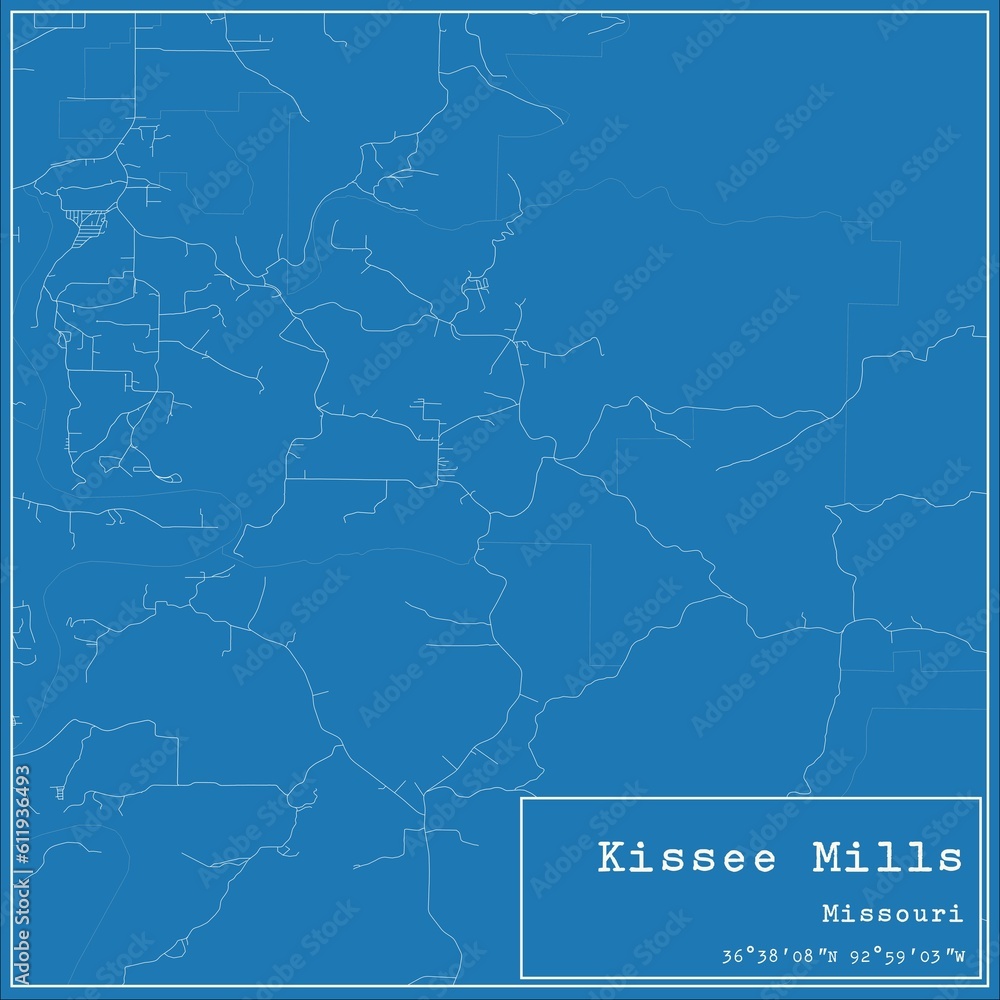 Fototapeta premium Blueprint US city map of Kissee Mills, Missouri.