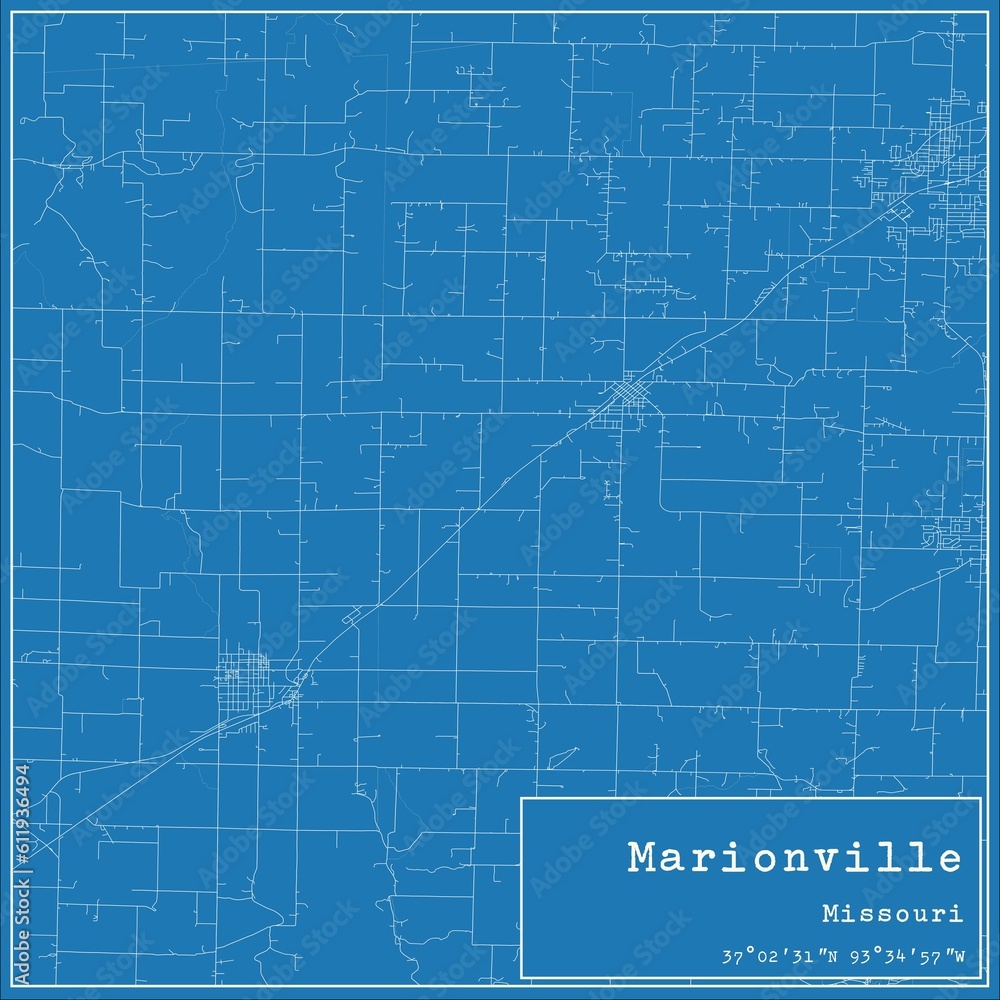 Blueprint US city map of Marionville, Missouri.