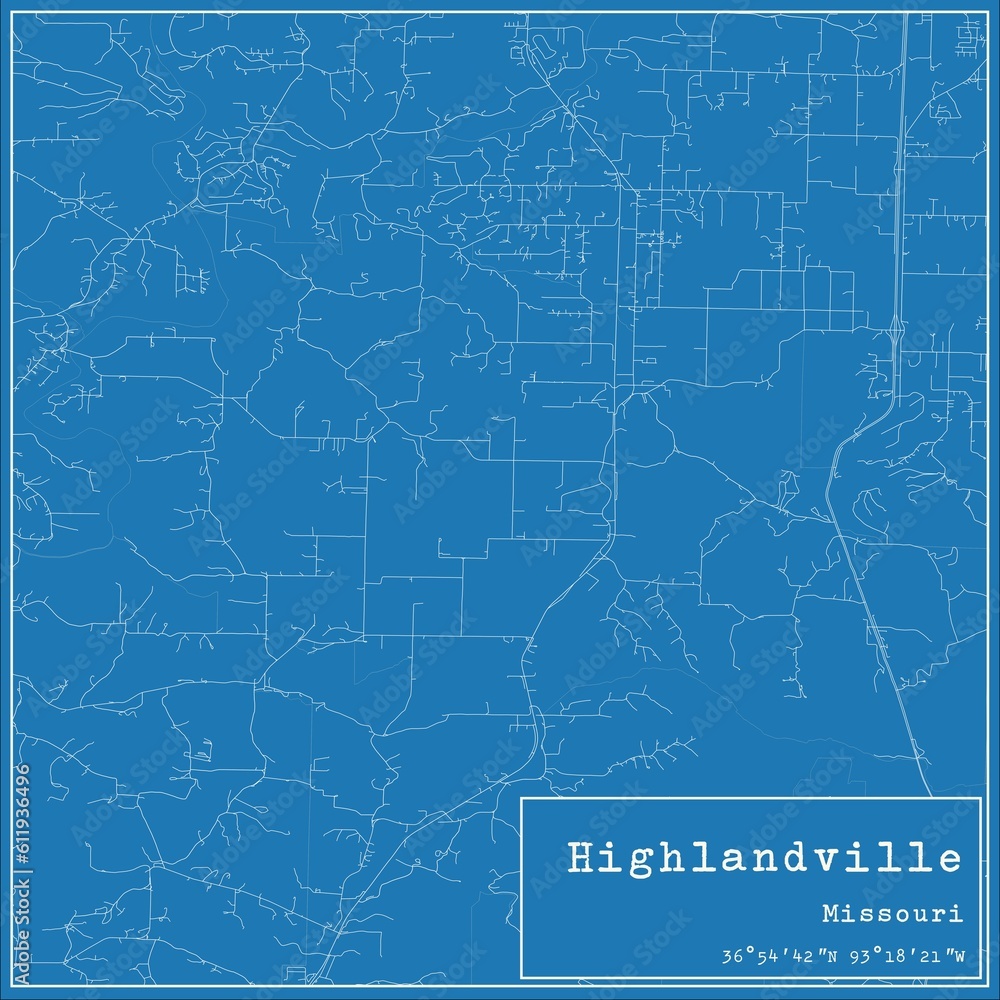 Blueprint US city map of Highlandville, Missouri.