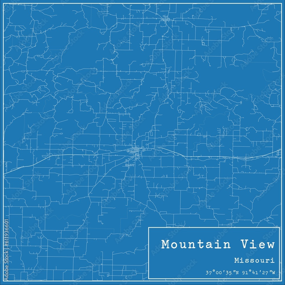 Blueprint US city map of Mountain View, Missouri.