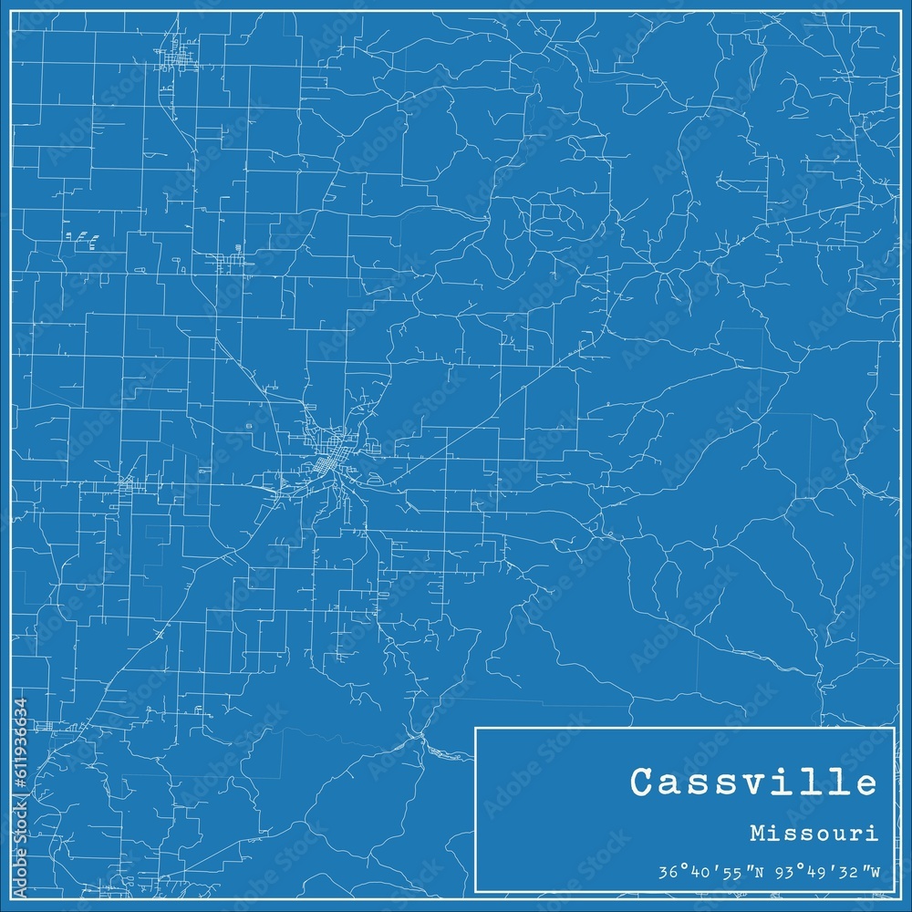 Blueprint US city map of Cassville, Missouri.