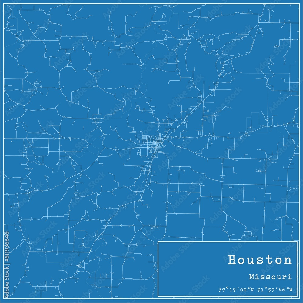 Blueprint US city map of Houston, Missouri.