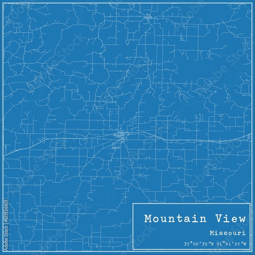 Blueprint US city map of Mountain View, Missouri.