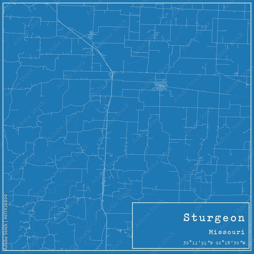 Blueprint US city map of Sturgeon, Missouri.